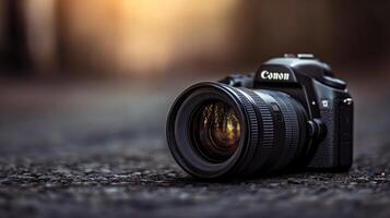 Canon camera is laying on the ground. The lens is open and the camera is turned off photo