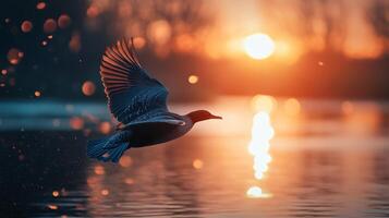 Bird is flying over a body of water with a bright orange sun in the background. The scene is serene and peaceful, with the bird soaring high above the water photo