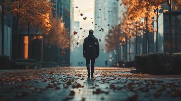 Man walks down a city street with leaves falling around him. The scene is peaceful and serene, with the man being the only person in the image. The leaves on the ground create a sense of autumn photo