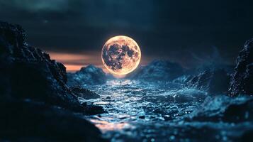 Large, glowing moon is in the sky above a rocky shoreline. The scene is serene and peaceful, with the moon casting a soft light on the water. The rocks in the foreground add a sense of depth photo