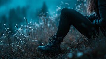 Woman is sitting in a field of flowers with her legs crossed. The image has a serene and peaceful mood, as the woman is surrounded by nature and he is enjoying the moment photo