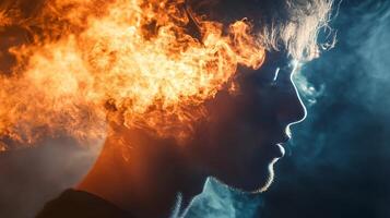 Man's face is obscured by smoke and fire, creating a sense of chaos and destruction. The image is meant to evoke feelings of danger and fear, as well as a sense of the unpredictable nature of fire photo
