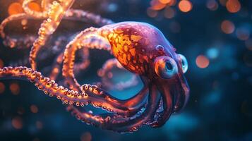 Large, orange octopus with a blue background. The octopus is surrounded by bubbles, giving it a playful and whimsical appearance photo