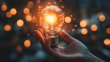 Hand holding a light bulb with a glowing filament. Concept of creativity and innovation, as the light bulb is often associated with ideas and inspiration. The glowing filament also adds a warm photo