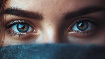 Woman with long brown hair and blue eyes is looking at the camera. The image has a moody and mysterious feel to it, as the woman's eyes are partially hidden by a blanket photo