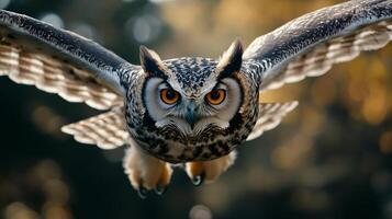 Large owl is flying through the air with its wings spread wide. The owl has a yellow eye and is surrounded by a dark background. Concept of freedom and grace as the owl soars through the sky photo