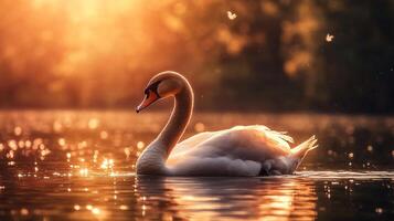 Swan is swimming in a lake with the sun shining on it. The scene is peaceful and serene photo