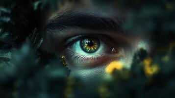 Close up of a person's eye with a green iris. The eye is surrounded by leaves and the overall mood of the image is mysterious and intriguing photo