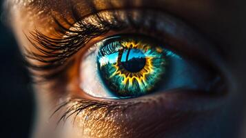 Person's eye is shown in a mirror, with the reflection of the eye's iris and pupil. The iris is a deep blue color, and the pupil is yellow. The eye is surrounded by a golden rim photo