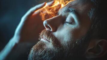 Man with a beard is laying down and smoking. The smoke is coming out of his nose and is creating a warm, cozy atmosphere photo