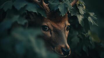 Deer is peeking out from behind some leaves. The image has a moody and mysterious feel to it, as the deer is partially hidden and only a small portion of its face is visible photo