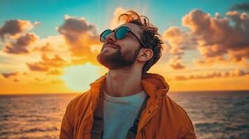 Man wearing sunglasses and a yellow jacket is smiling at the camera while looking out at the ocean photo