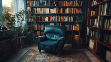 Blue chair sits in a room filled with bookshelves. The room is dimly lit, and the chair is the only piece of furniture in the room photo