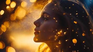 Woman with long hair is in the center of a blurry image with a lot of light and sparkles photo