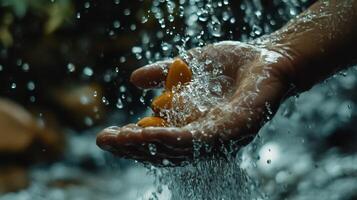 Hand is holding a bunch of oranges in a stream of water. The oranges are floating in the water, and the hand is trying to catch them. The scene is peaceful and calming, with the sound of the water photo