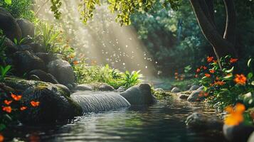 Beautiful, serene forest scene with a stream running through it. The sunlight is shining through the trees, creating a peaceful and calming atmosphere. The water is crystal clear photo