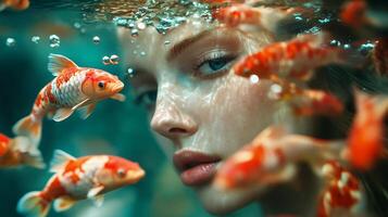 Woman is in a fish tank with several fish swimming around her. The fish are orange and the tank is blue photo