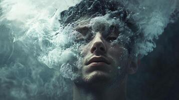 Man is in a cloud of smoke and water. The man is looking at the camera. Scene is mysterious and surreal photo