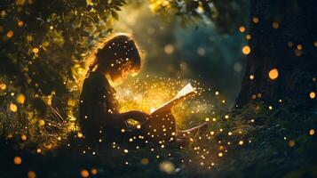 Girl is reading a book in a forest. The book is open to a page with a lot of light shining on it. The scene is peaceful and serene, with the girl enjoying her time in nature photo