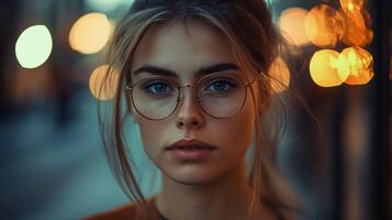 Woman with glasses and a ponytail is standing in front of a blurry background. The image has a dreamy, ethereal quality to it, as if the woman is looking into a distant, hazy world photo