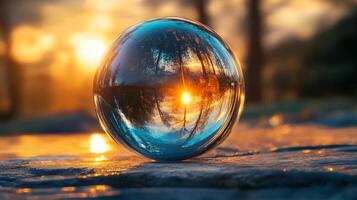 Large, clear, round ball is sitting on a surface, reflecting the sun. The image has a serene and peaceful mood, as the sun's rays create a beautiful and calming effect on the ball's surface photo