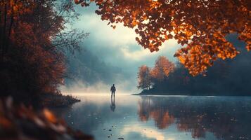 Person is standing on a lake surrounded by trees. The water is calm and the leaves on the trees are orange. The scene is peaceful and serene photo