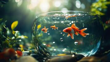 Glass bowl with three goldfish swimming in it. The fish are in a small pond with some plants and rocks photo