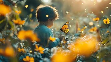 Young boy is holding a butterfly in a field of flowers. The scene is peaceful and serene, with the butterfly being the focal point of the image photo