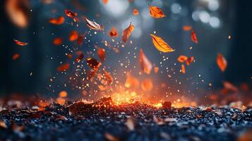Pile of leaves is scattered across the ground, with some of them being burnt. The scene has a mood of destruction and chaos, as the leaves are being blown away by the wind photo