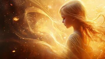 Girl with long golden hair is standing in a golden swirl of light. The image is a representation of the idea of beauty and the power of light photo