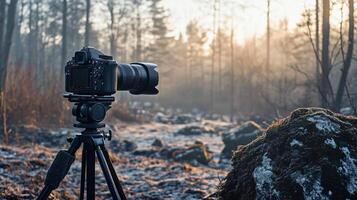 Camera is set up in a forest, with a tripod and a lens. The camera is pointed at a rock, and the scene is set in the evening photo