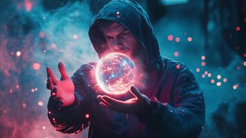 Man is holding a glowing orb in his hand. The orb is surrounded by a blue and red glow, giving the impression of a magical or futuristic object. The man's expression is serious and focused photo
