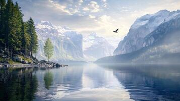 Bird flies over a lake with mountains in the background. The sky is cloudy and the water is calm photo