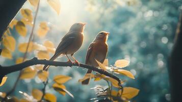 Two birds are perched on a branch in a tree. The birds are small and brown. The branch is covered in leaves, and the sunlight is shining through the leaves, creating a warm and peaceful atmosphere photo