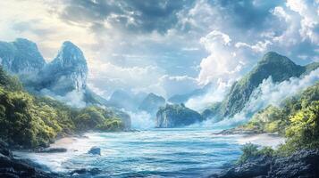 Beautiful landscape with a large body of water and mountains in the background. The sky is cloudy, but the sun is shining through the clouds, creating a serene and peaceful atmosphere photo