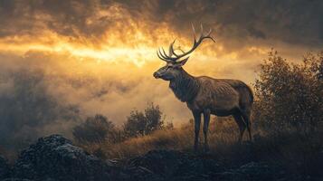 Deer is standing in a grassy field with a cloudy sky in the background. The scene is calm and tranquil, with the deer being the focal point of the image. The deer's antlers are prominently displayed photo