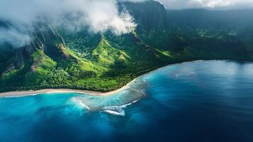 Beautiful view of a beach and ocean with mountains in the background. The sky is cloudy, but the sun is shining through the clouds, creating a warm and inviting atmosphere photo