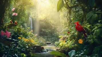 Lush green jungle with a red bird perched on a tree. The bird is surrounded by a variety of flowers and plants, creating a vibrant and lively atmosphere. Concept of wonder and adventure photo