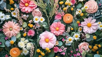 Colorful bouquet of flowers with a mix of pink and yellow flowers. The flowers are arranged in a way that creates a sense of harmony and balance. Scene is cheerful and uplifting photo