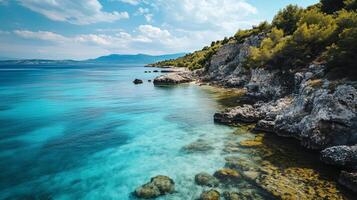 Beautiful blue ocean with a rocky shoreline. The water is calm and clear, and the rocks are scattered along the shore. The scene is peaceful and serene, with the ocean photo
