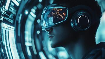 Man wearing virtual reality goggles is looking at a computer screen. Concept of immersion and wonder as the viewer is transported into a digital world photo