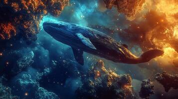 Whale is swimming in a blue ocean with a starry sky in the background. The image has a dreamy, ethereal quality to it, with the whale appearing to be floating through the water photo