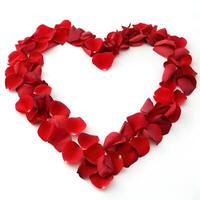 Red rose petals in heart shape isolated on white background photo