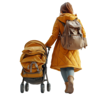 Woman Walking with Baby in Stroller and Backpack png