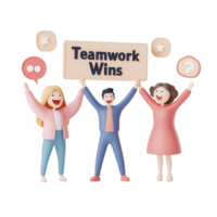 Tres animado caracteres celebrando trabajo en equipo con un alegre expresión y un signo. png