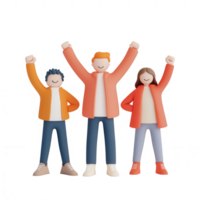 Three animated characters celebrating with raised hands, expressing joy and enthusiasm. png