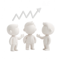 Three characters discussing growth and strategy in a minimalistic style. png