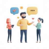 Three diverse characters engaging in animated conversation with speech bubbles. png