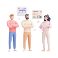 Three diverse individuals collaborating with charts and data for effective strategies. png