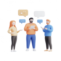 Three diverse individuals engaged in a lively discussion using digital devices. png